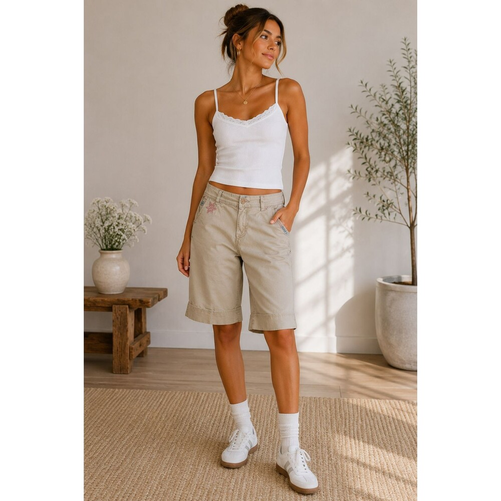 Y2K Khaki Bermuda Shorts Floral Embroidered Long Shorts Boho 2000s